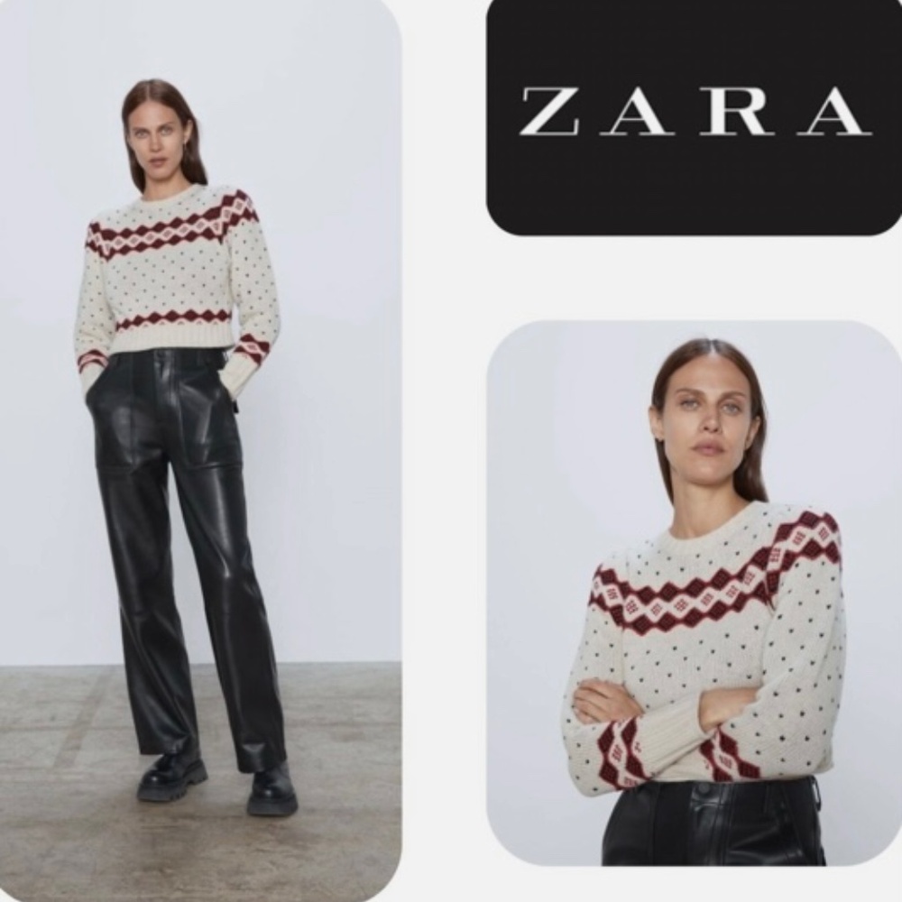 ZARA Sweater Womens Small Cream Red Nordic Wool Blend Princess Sleeves Crop